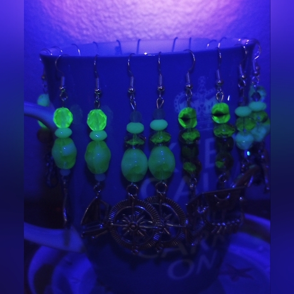 Uranium Glass Beaded Earrings Silver Charms Vintage Beads Blue Yellow Green Purp - Picture 5 of 12